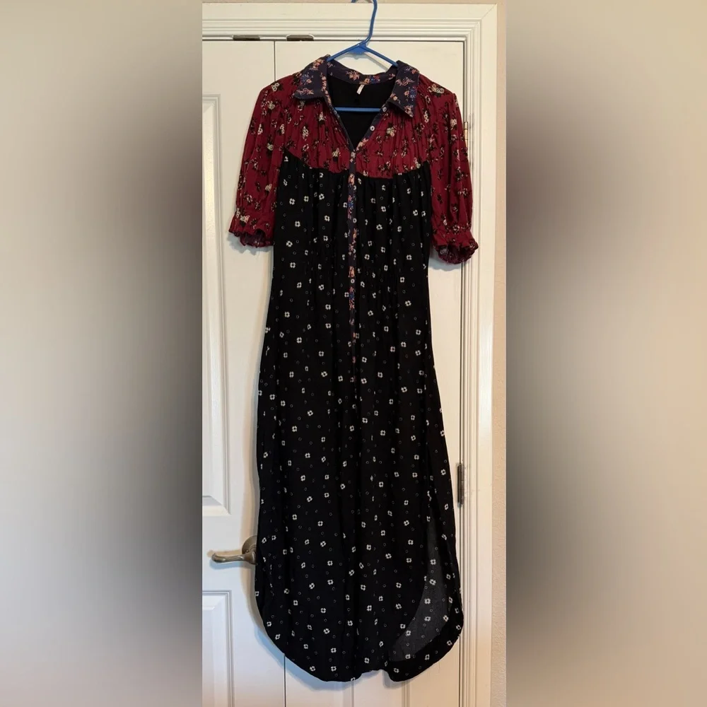 Free People Nora Midi Dress Floral Print Button Down the Front SZ L Black/Red - Picture 2 of 11
